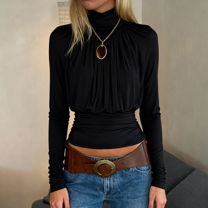Dark Sexy Black with High Collar Long Sleeve Casual Top Short Waist Controlled Slimming Long Sleeve T shirt Women Autumn