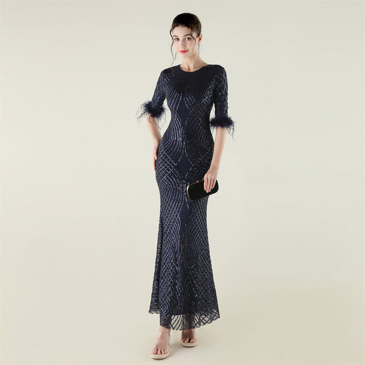Positioning Floral Sequin Craft Order Ostrich Feather Decorative Evening Dress Long Sleeve Fishtail Cinched Peplum