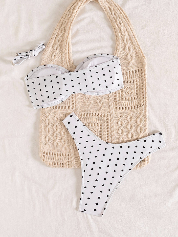 Black White Polka Dot Fresh Advanced Hollowed out Detachable Shoulder Strap Split Bikini