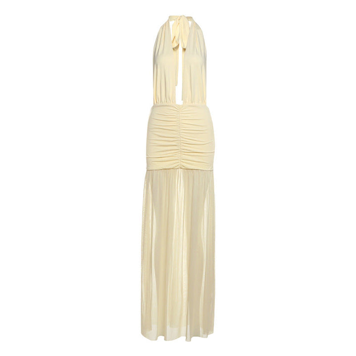 Summer Women Clothing Solid Color Sexy Mesh Stitching Deep V Plunge neck Halter Tied Dress