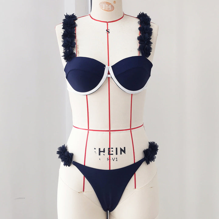 Hard Bag Sling Split Swimsuit for Women Solid Color Stitching Low Waist Bikini Pleating Sexy Backless