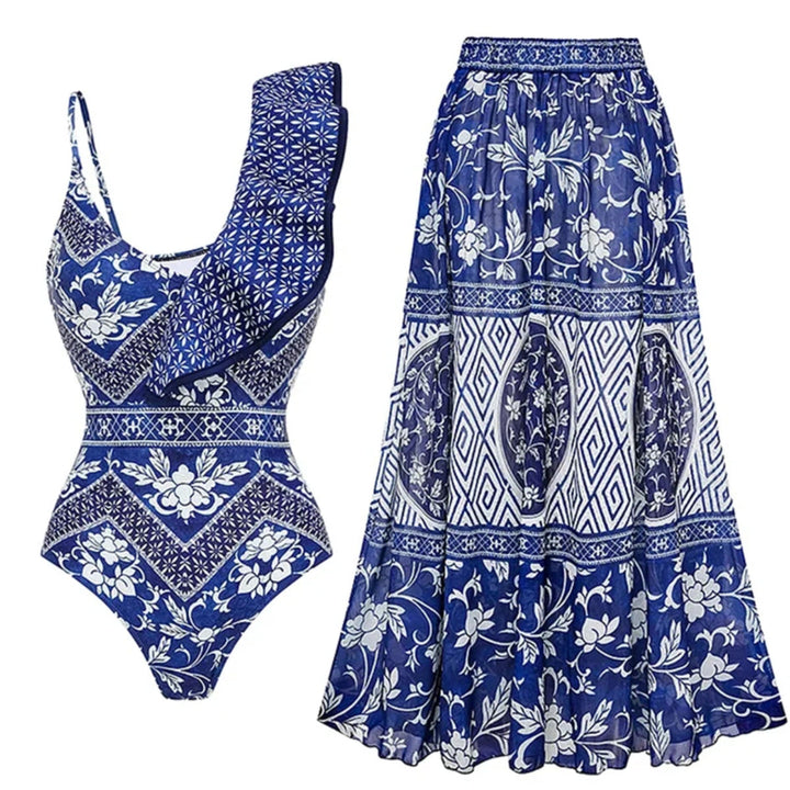 One Shoulder Ruffled One Piece Swimsuit Women Sexy Backless Print Swimwear Swimsuit