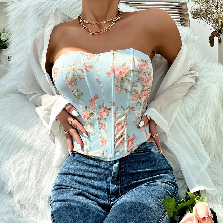 Sexy Low Cut Backless Floral Wrapped Chest Rhombus Boning Corset Waist Vest