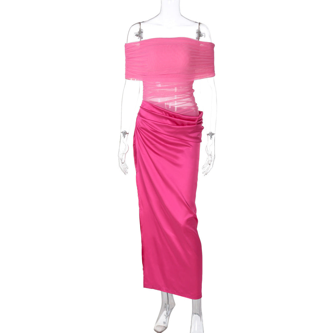 Women Clothing Spring Summer Sexy See through Stitching off Shoulder Dress