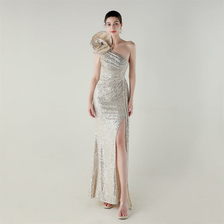Craft Floral Beaded One Shoulder Diagonal Collar Fishtail Evening Dress Dinner Wedding Awards Ceremony Social Dress