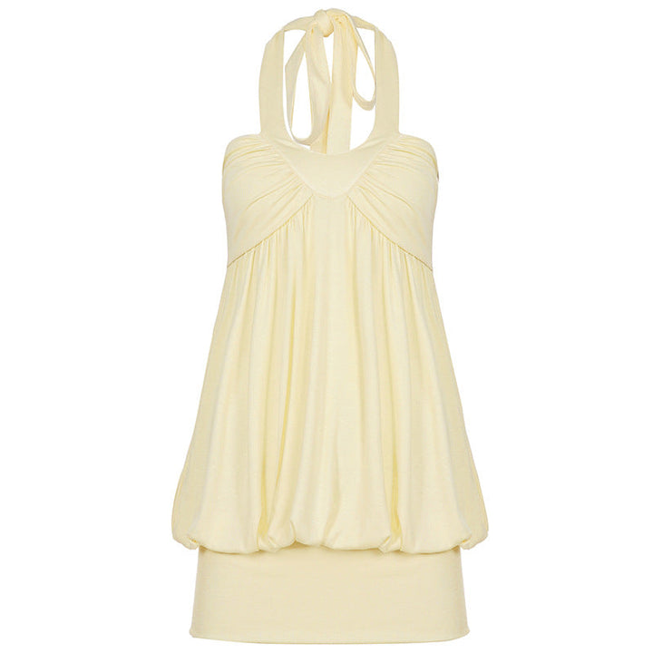 Summer Vacation Girlish Lace up Halter Bud Short Pure Romantic Date Ruffle Hip Dress for Women