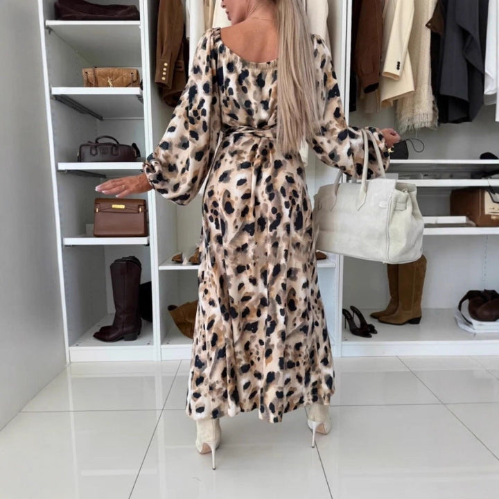 Autumn Winter Printed Waist Controlled Hem Slit Long Sleeve Dress for Women