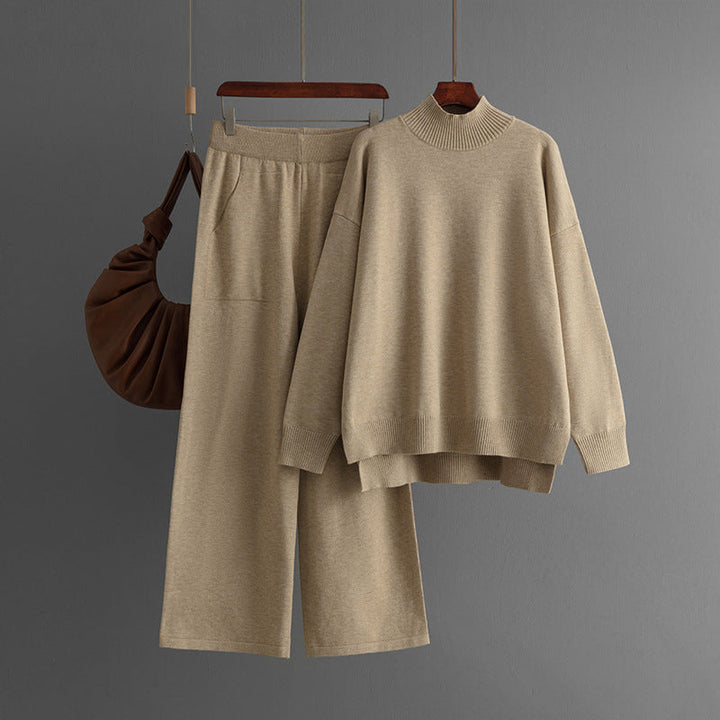 Solid Color Knitted Half Turtleneck Slit Sweater Women Fall Winter Casual Two Piece Sweater