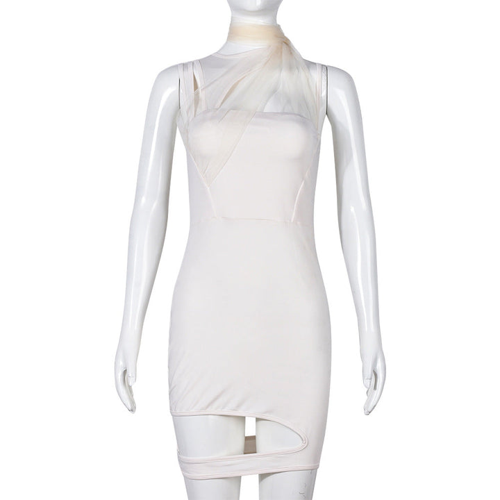 Women Clothing Spring Mesh Stitching Halter Cut out Irregular Asymmetric Dress