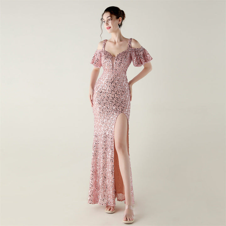 Bead Tube Sequin Heavy Industry Evening Dress Short Sleeve off the Shoulder Deep V Plunge High Slit Fishtail Dress Cocktail Socialite