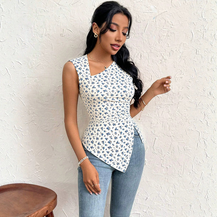 French Floral Sleeveless Vest Women Asymmetric Oblique Square Neck Cinched Side Slit Slim Fit Slimming Top