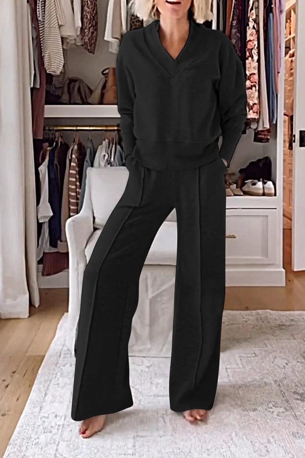 Autumn Casual V neck Long Sleeve Loose Top Wide Leg Pants Two Piece Set