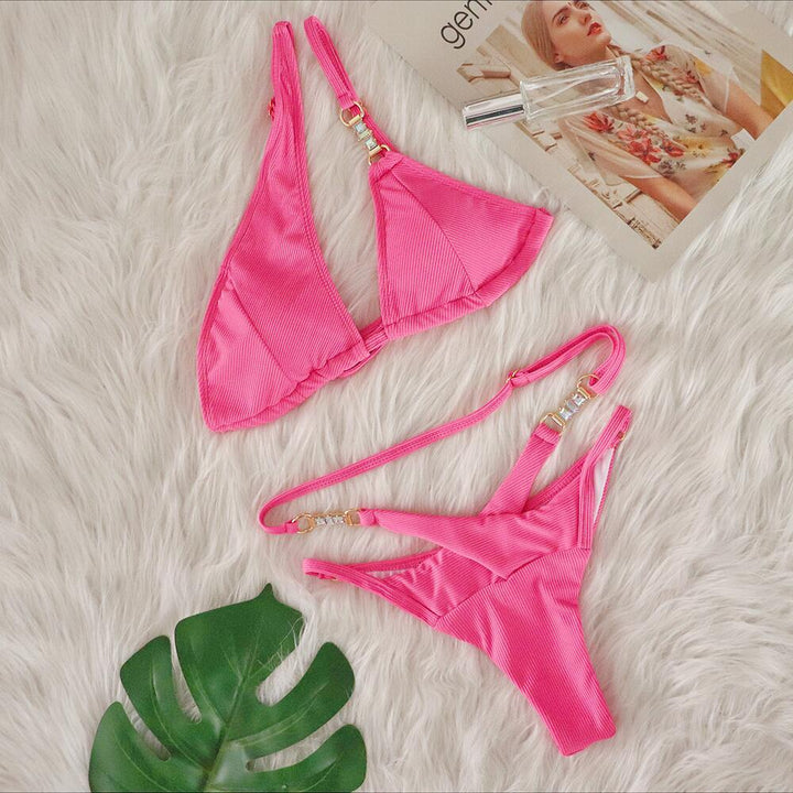 Sexy Bikini Crystal Diamond Striped Strap Split Women Swimsuit