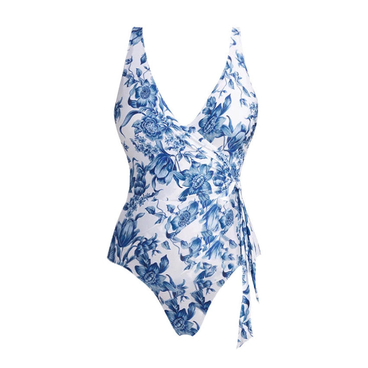 Bikini Blue Color Floral Vacation Split Swimsuit Women
