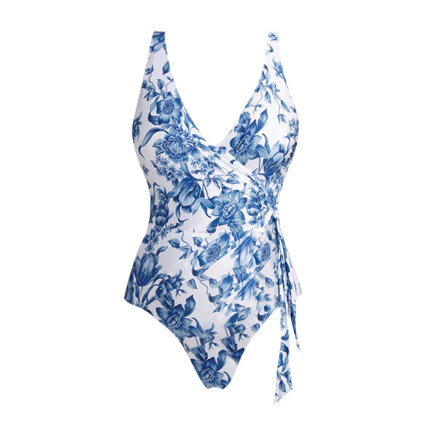 Swimsuit Blue Color Floral Vacation Swimsuit Women Long Skirt