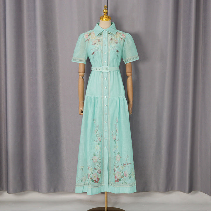 Royal Collared Single Breasted Maxi Dress Elegant Vintage Print Lace up Waist Dress Women