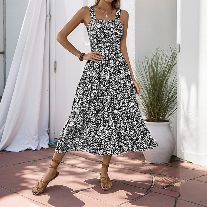 Summer Printed Suspender Sweet Floral Backless Dress