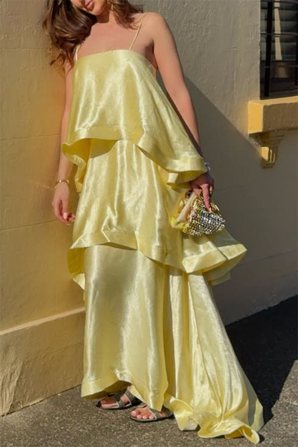 Spring Summer Satin Sling Multi Layer Dress Casual Loose Vacation Dress
