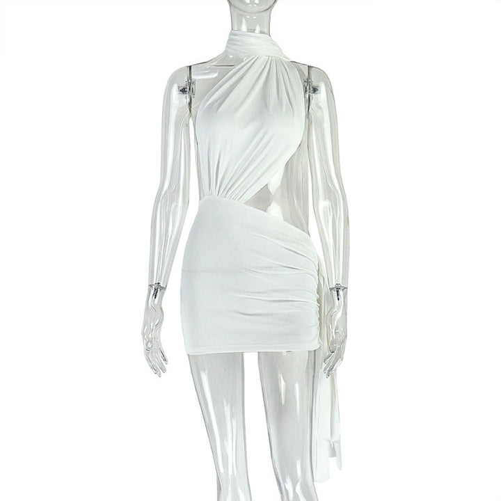 Street Women Wear Stitched Backless Solid Color Hip Lace up Pleated Asymmetric Dress