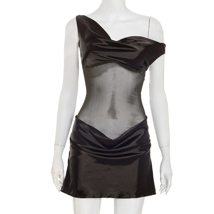 Women Clothing Summer Artificial Silk Stitching Mesh Sloping Shoulder Dress