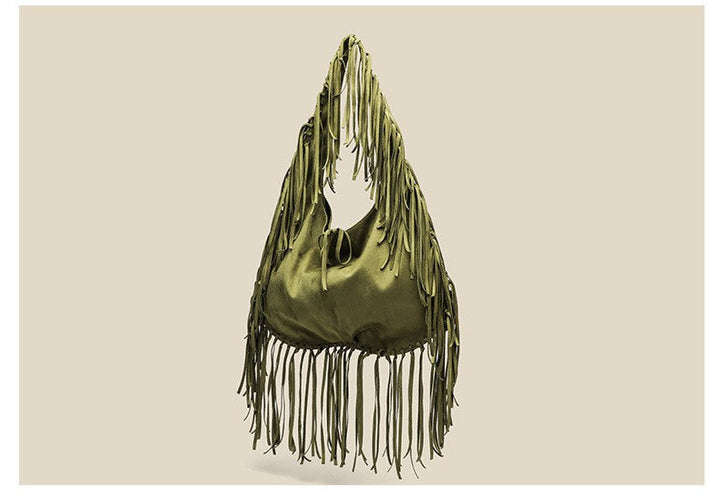Tassel Large Capacity Tote Crescent Trendy One Shoulder Women Bag Casual Simple Crossbody Suede Retro Dumpling Bag
