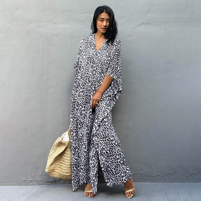 Printed Long Skirt Beach Cover up Vacation Maxi Dress Bikini Swimsuit Blouse Sun Protection Shirt