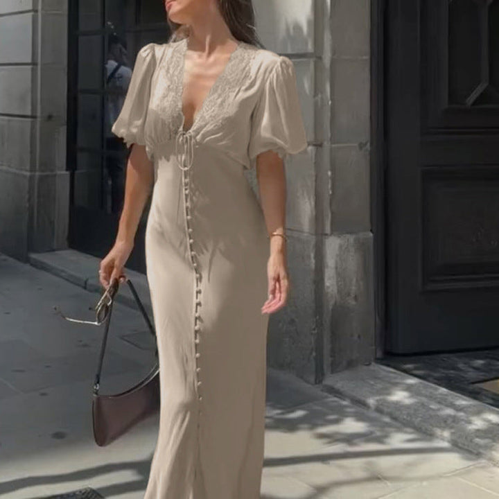 Lace Stitching Elegant Dress Summer Women Clothing V neck Puff Sleeve Single Breasted Sheath Dress