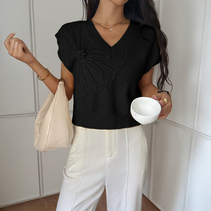 Women Clothing Autumn Winter Casual Vacation Deep V Plunge Neck Solid Color Sweater with Short Sleeves