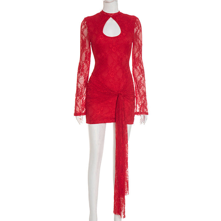 Women Clothing Autumn Solid Color Hollow Out Cutout out Strap Sexy Lace Long Sleeve Ribbon Short Dress