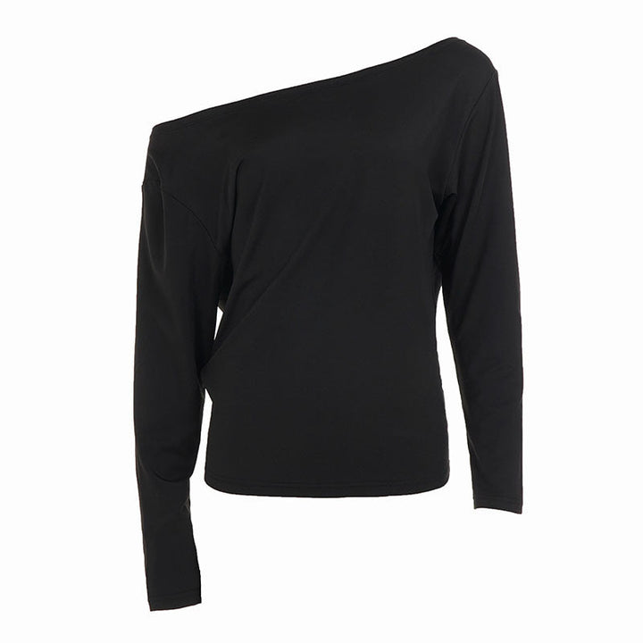 Black Sexy Lace Stitching Hollow Out Cutout out See through Backless Top Swing Collar off Shoulder Waist Controlled Long Sleeves T shirt