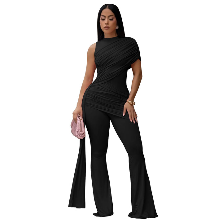 Women Clothing Summer round Neck One Shoulder Pleated Ribbon Sexy Slim Fit