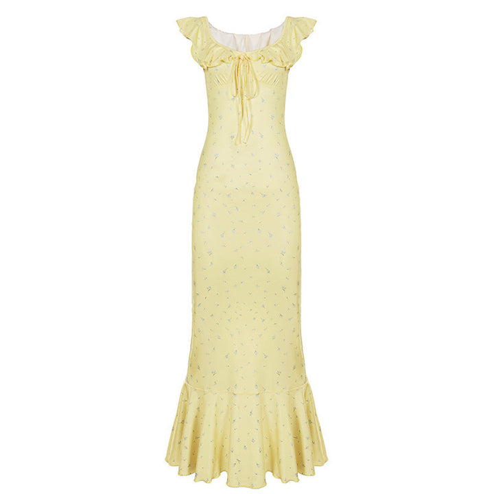 Summer Vacation Ruffled Tied Floral Dress Sexy Slit Slim Fit Fishtail Dress Women