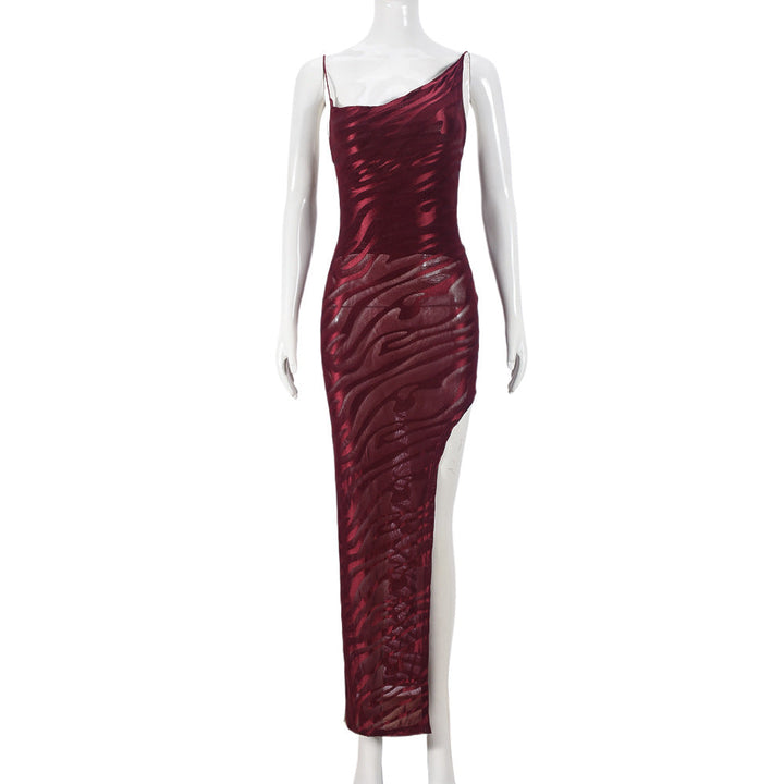 Women Clothing Mesh Flocking Spring Backless Lace up Diagonal Collar Sexy Sling Dress