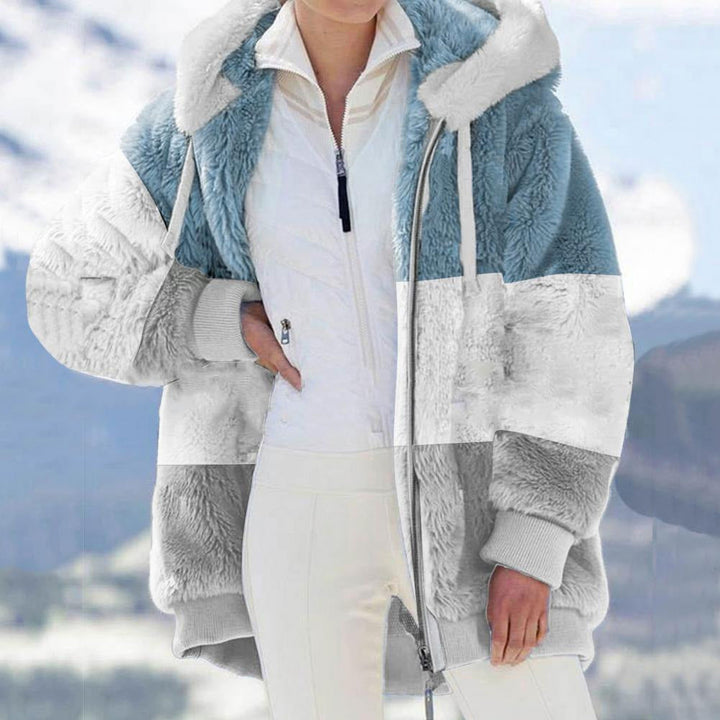 Autumn Winter Warm Plush Patchwork Zipper Pocket Hooded Loose Coat Women