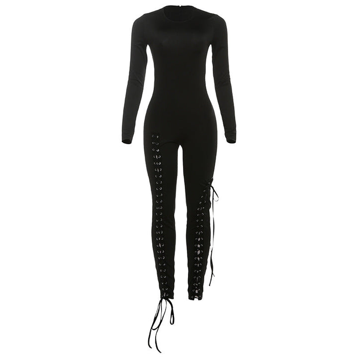 Fall Sexy Solid Color Waist Tight Hollow Out Cutout out Strap Tight Jumpsuit