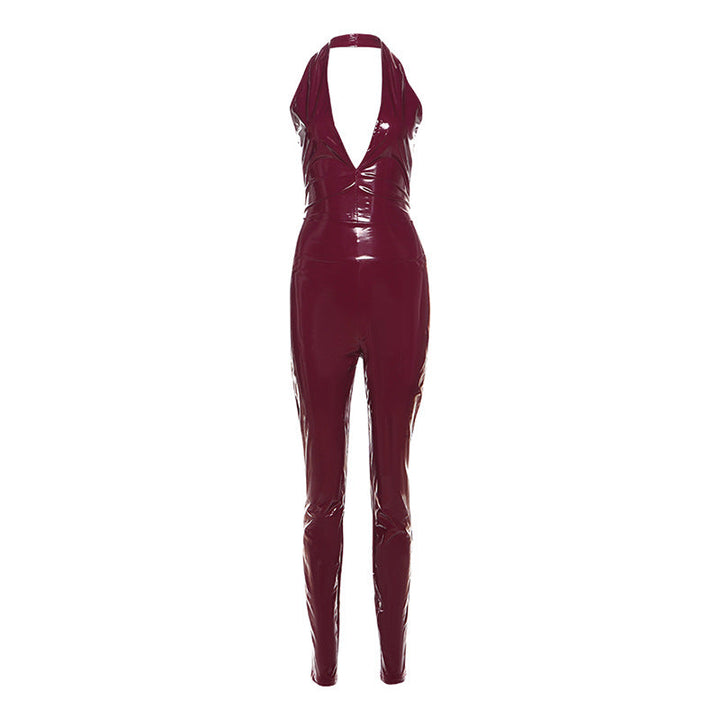 Autumn Winter Women Clothing Sexy Halter Backless Strap High Waist Zipper Slim Fit Trousers Faux Leather Two Piece Pant Sets