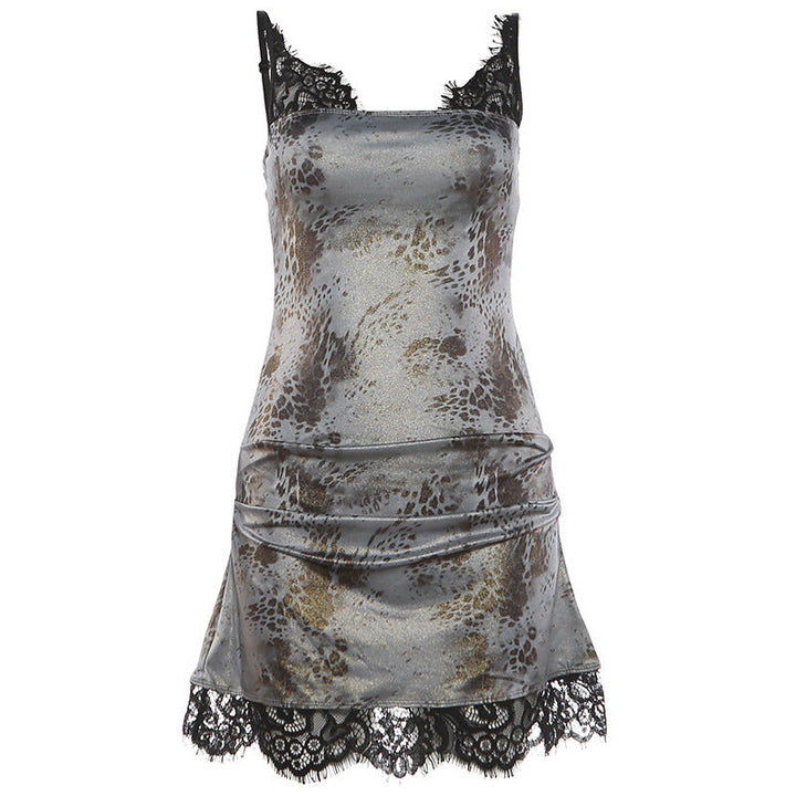 Spring Summer Women Sexy Spaghetti Strap Floral Print Contrast Color Lace Slim Fit Dress For Women