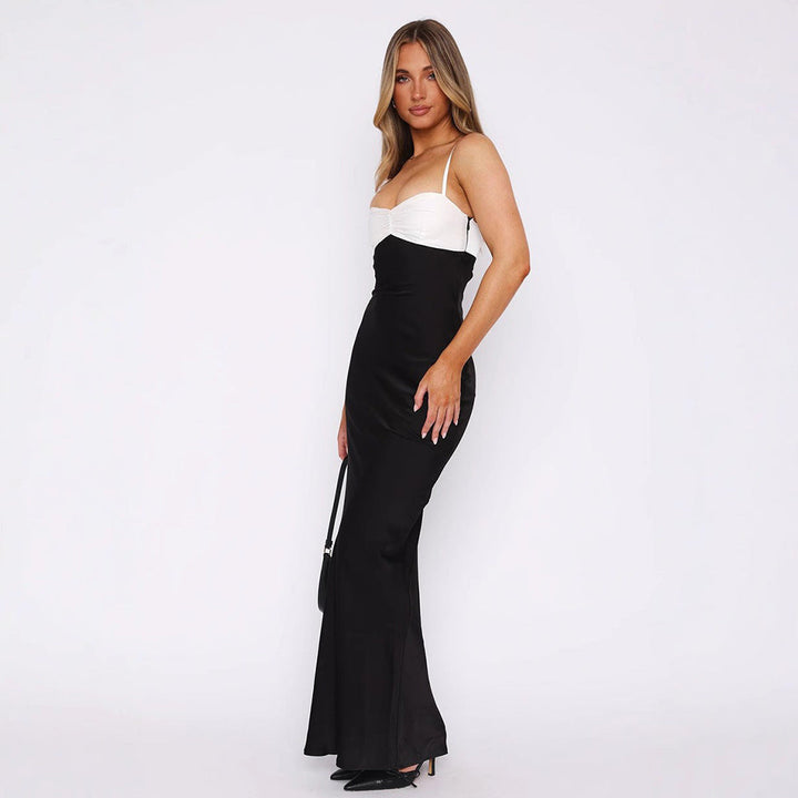 French Contrast Color off Shoulder Tube Top Cinched Waist Slim Sexy Bag Hip Length Dress