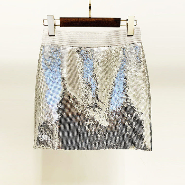 Metallic Coated Fabric Goods Personality Bling Bling Shiny Sequ Short Suit Mid Length Skirt Set Two Piece Set