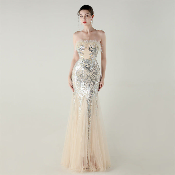 Sequin Beaded Tube Floral Ostrich Feather Tube Top Cross Strap Mesh Fishtail Evening Dress Cocktail Wedding