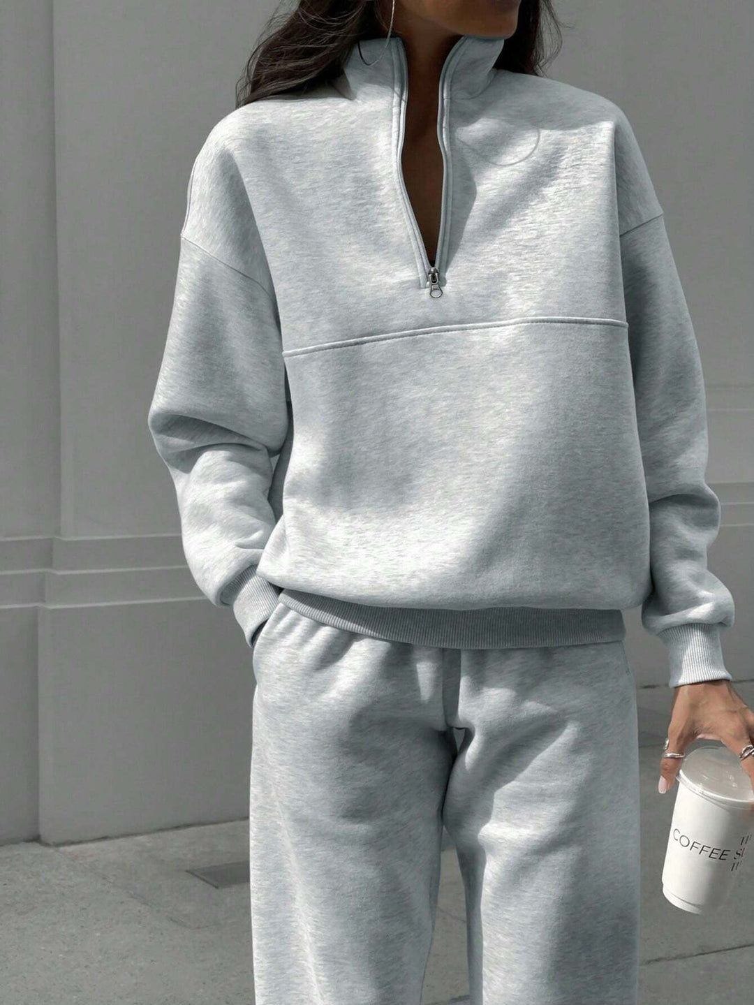 Autumn Winter Zipper Collared Solid Color Casual Two Piece Set