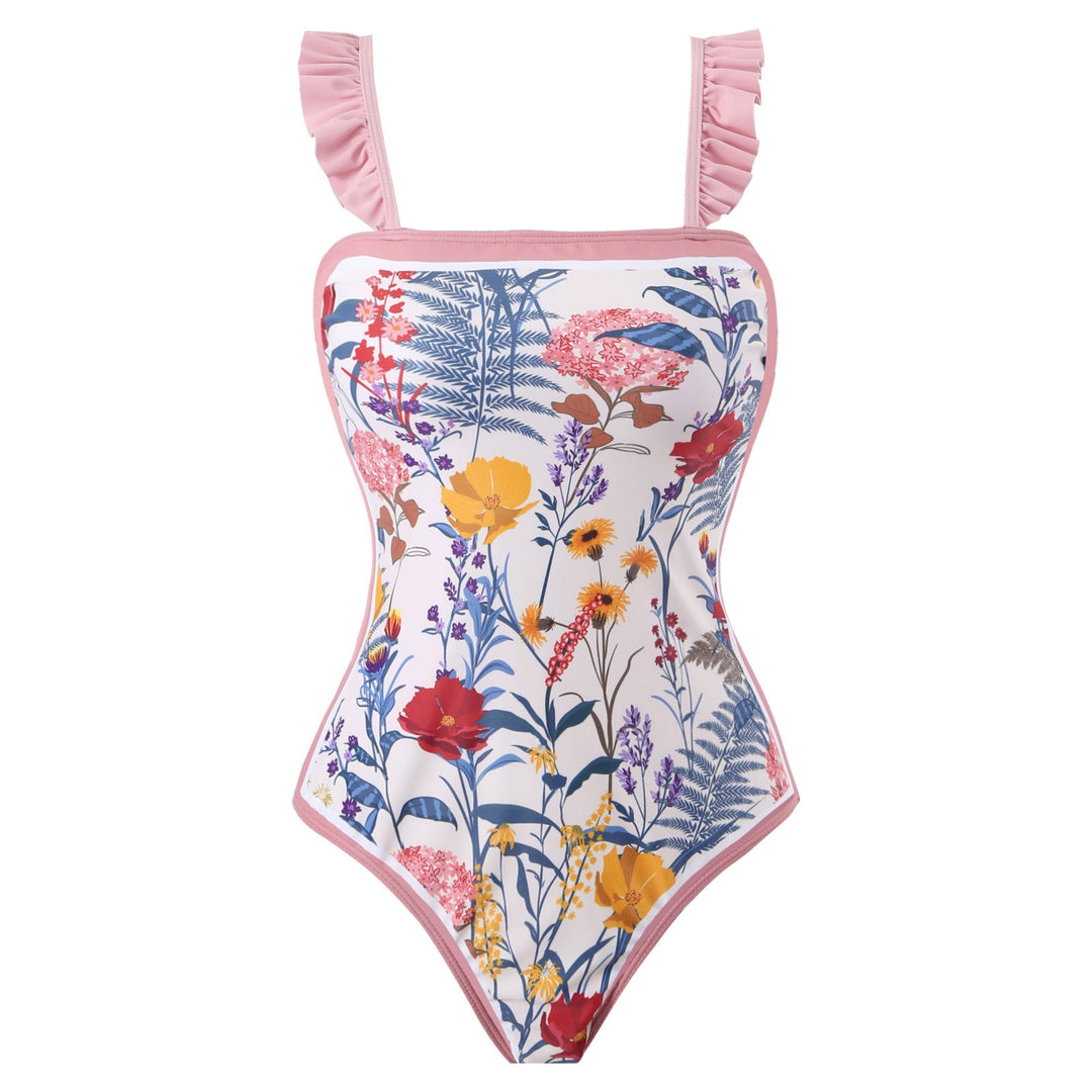 Flying Edge One Piece Women Swimwear European, French Retro Cover Belly Slimming Swimsuit Chiffon Beach Dress