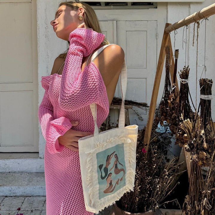 Solid Color Idle Beach Dress Loose Bare Back Side Slit Hollow Out Cutout Knitted Dress for Women