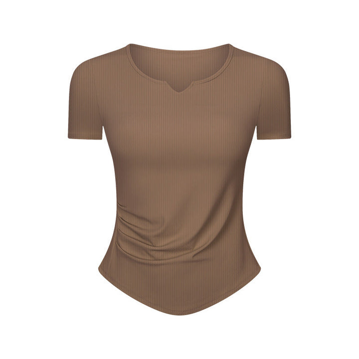 Stripe Rib Pleated Small V neck Sports Short Sleeve Women Fitness Running Slim Slimming Yoga Jacket