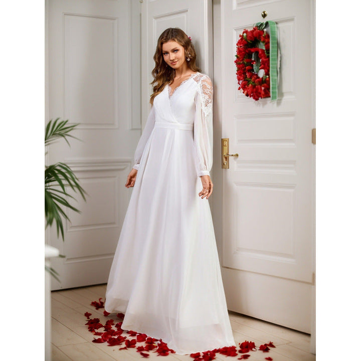 Dress Lace Long Patchwork Waist Noble Evening Dress Chiffon Wedding Clothes