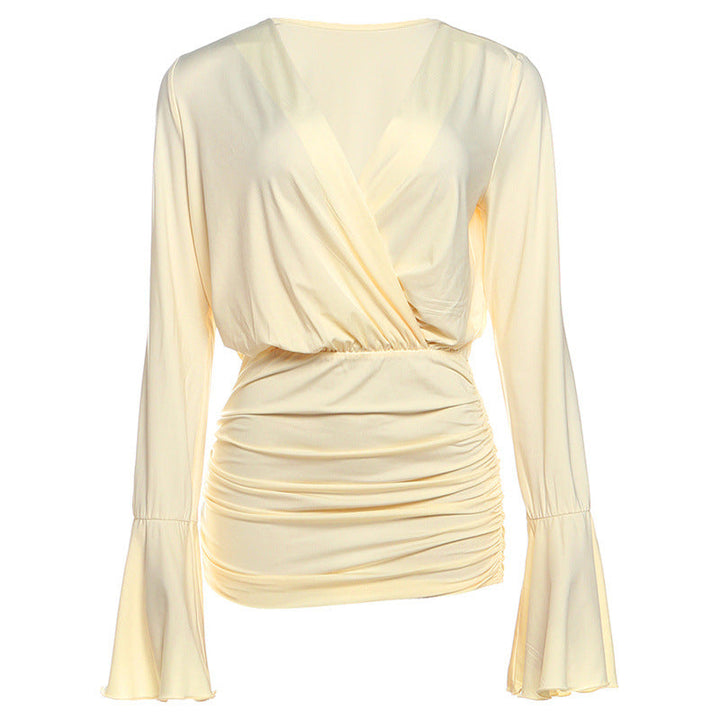 Fall Women Clothing Sexy V neck High Waist Slim Ruffle Hip Bell Sleeve Dress