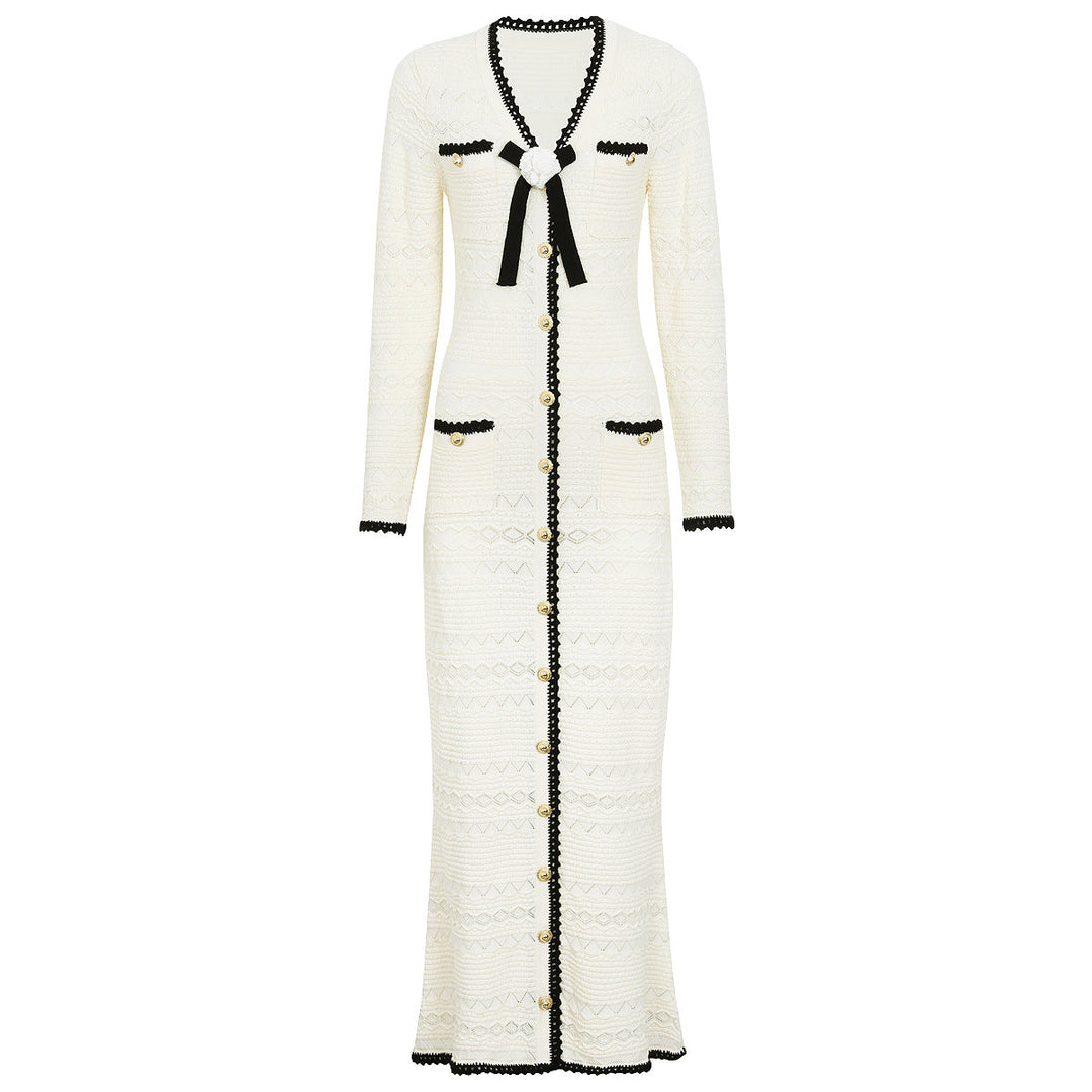 Spring Autumn Fashionable Knitted V neck Floral Slim Fit Slimming Long Sleeves Dress Women