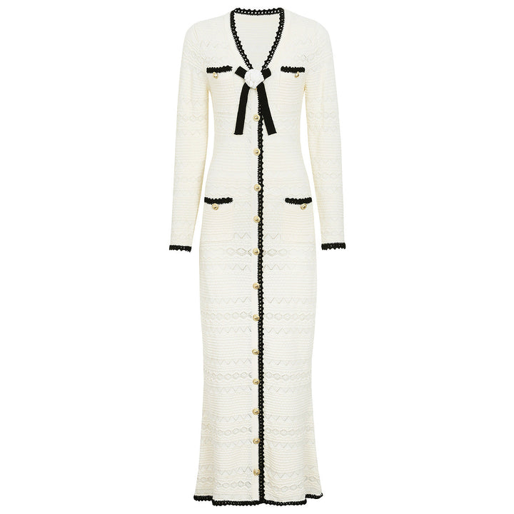 Spring Autumn Fashionable Knitted V neck Floral Slim Fit Slimming Long Sleeves Dress Women