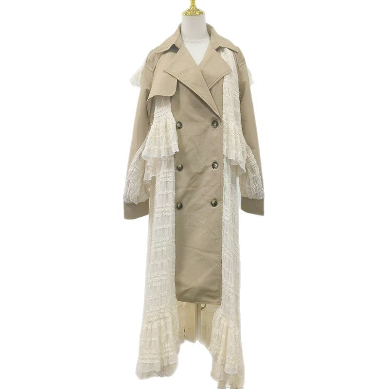 Fall Elegant Elegant Design Lace Stitching High Grade Waist Slimming Women Trench Coat