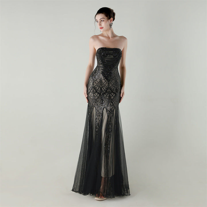 Mesh Heavy Industry Beaded Tube Floral Evening Dress Tube Top Fishtail Dress Swing Cocktail Social Socialite